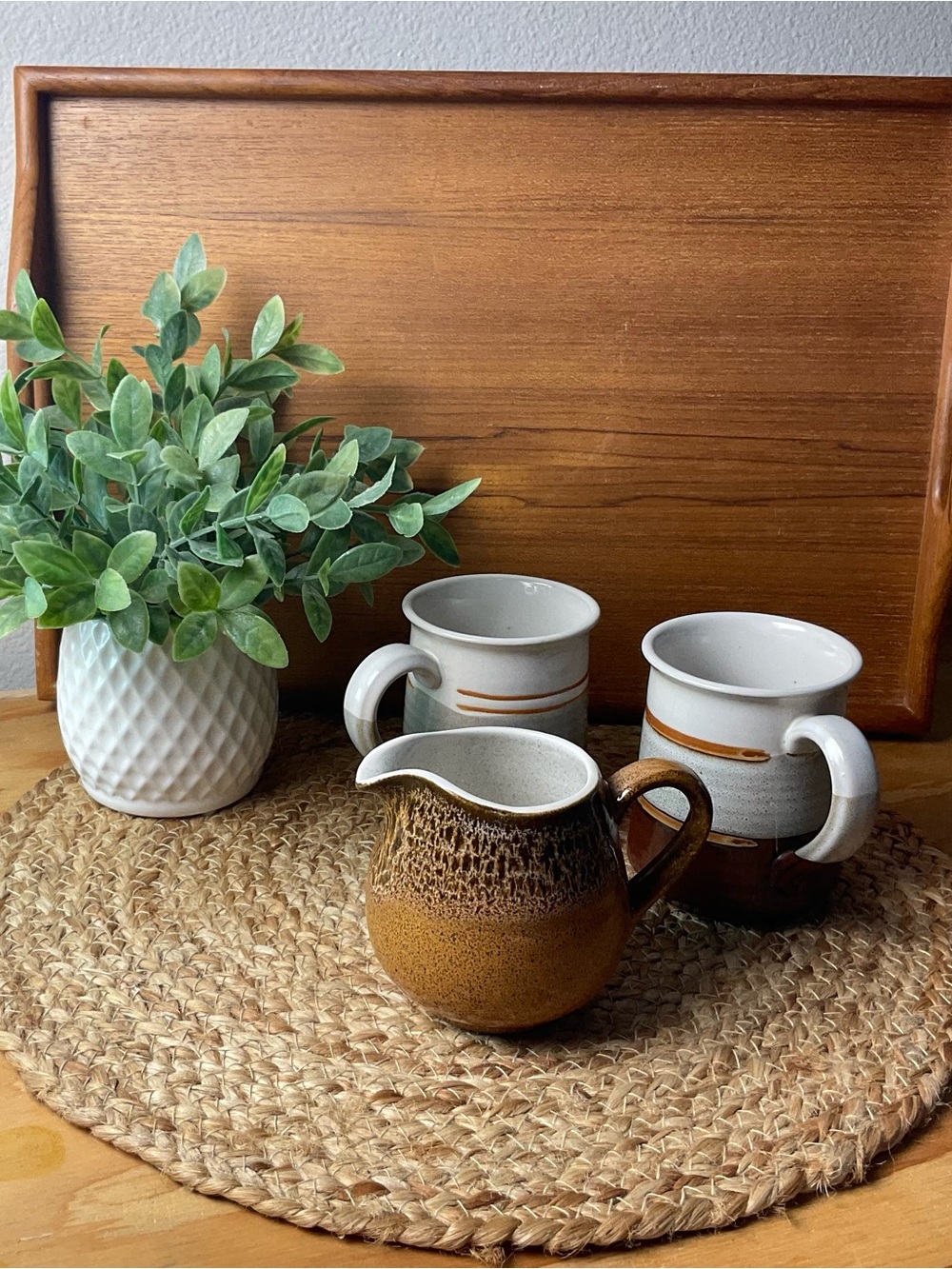 Vintage Japan stoneware coffee set/2 mugs and Creamer/rustic earth tone